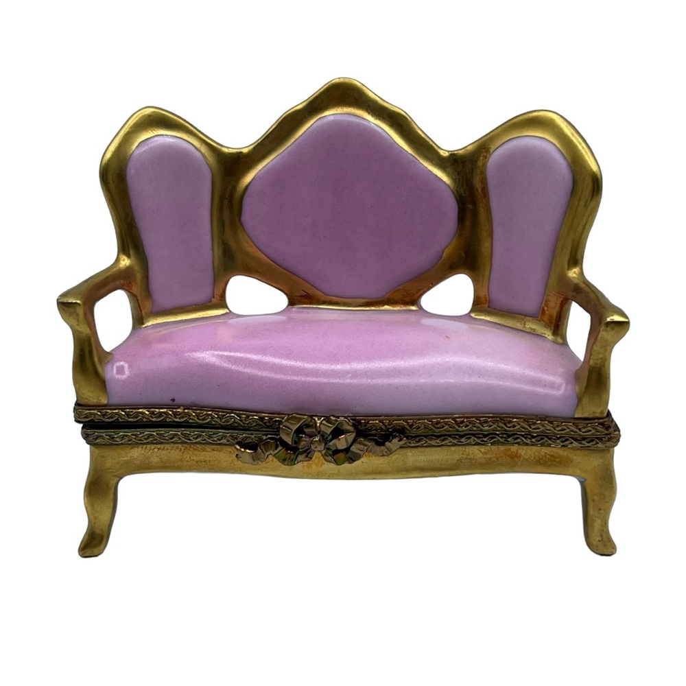 Vintage Limoges France Peint Gold Frame Pink Couch Porcelain Trinket Pill Box